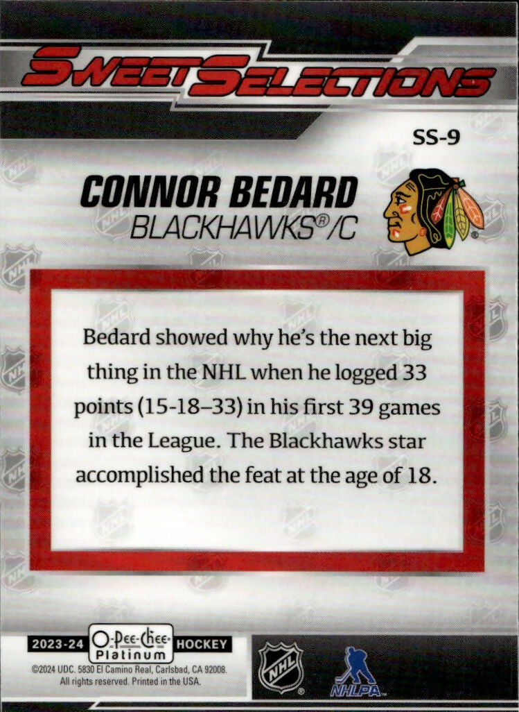 2023-24 Upper Deck O-Pee-Chee Platinum Hockey - Sweet Selections #SS-9 Connor Bedard - Chicago Blackhawks - B