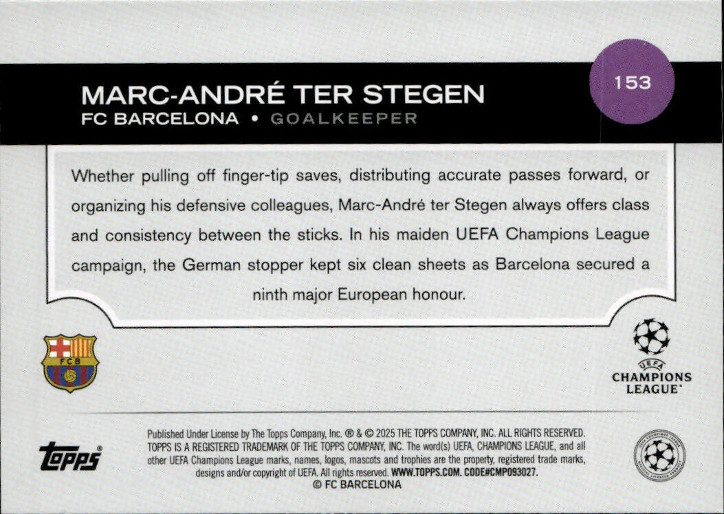 2024-25 Topps UEFA Club Competitions - Base #153 Marc-Andre Ter Stegen - FC Barcelona - B