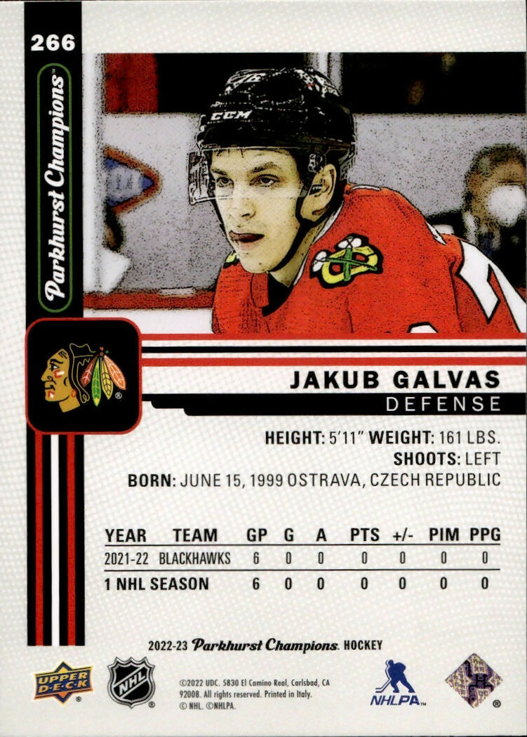 2022-23 Upper Deck Parkhurst Champions - Base #266 Jakub Galvas - Chicago Blackhawks - B