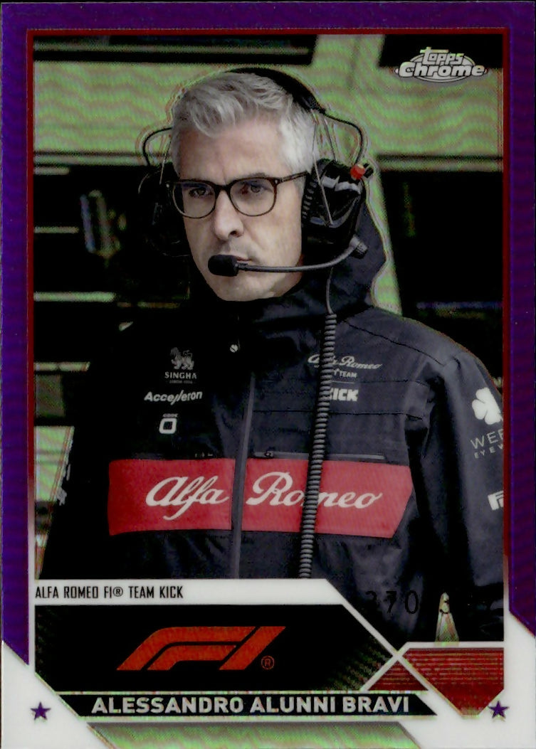 2023 Topps Chrome Formula 1 Base #100 - F1 Crew Team - Refractor - Purple :399 Alessandro Alunni Bravi - Alfa Romeo F1 Team Kick - A