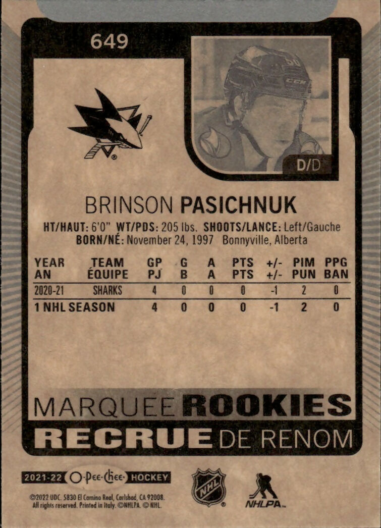 2021-22 Upper Deck Series 2 - O-Pee-Chee Update #649 Brinston Pasichnuk - San Jose Sharks - B