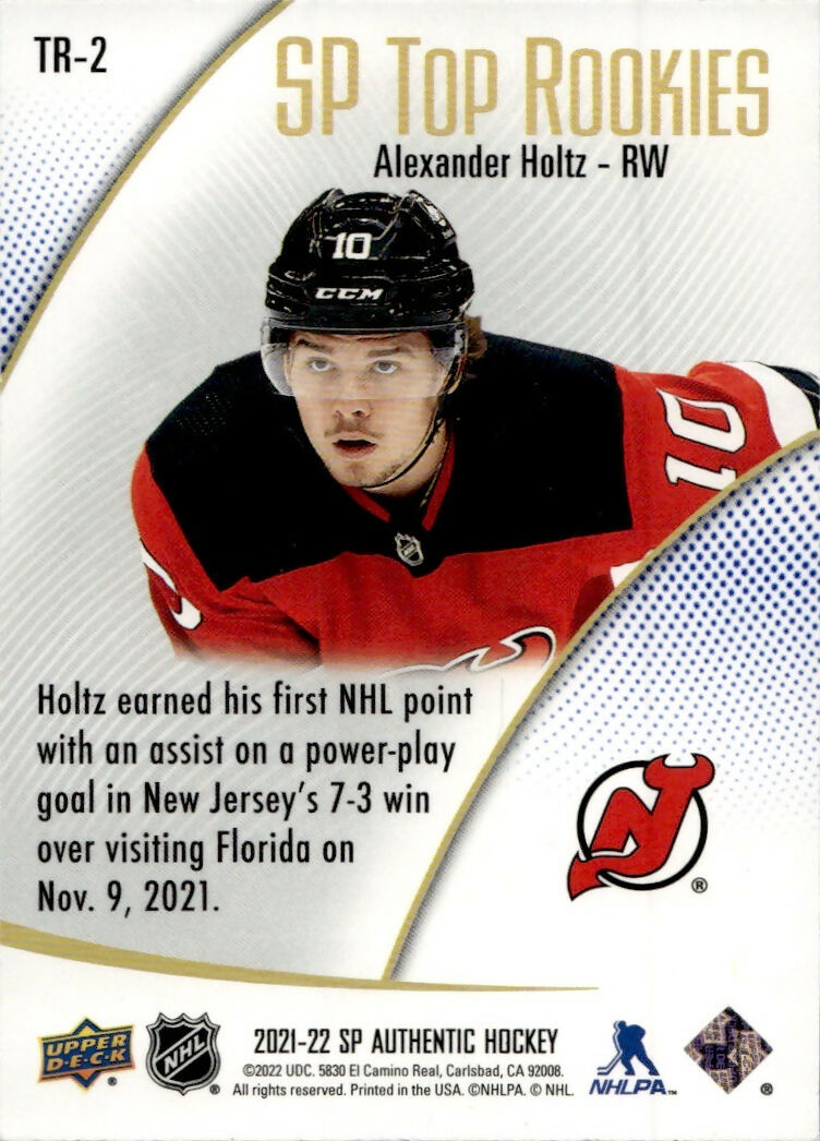 2021-22 Upper Deck SP Authentic Hockey - Top Rookies #TR-2 Alexander Holtz - New Jersey Devils - B