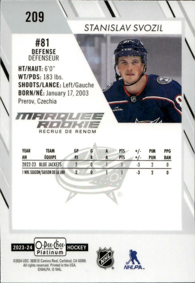 2023-24 Upper Deck O-Pee Chee Platinum Hockey - Base - Marquee Rookie #209 Stanislav Svozil - Columbus Blue Jackets - B