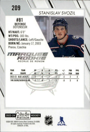 2023-24 Upper Deck O-Pee Chee Platinum Hockey - Base - Marquee Rookie #209 Stanislav Svozil - Columbus Blue Jackets - B