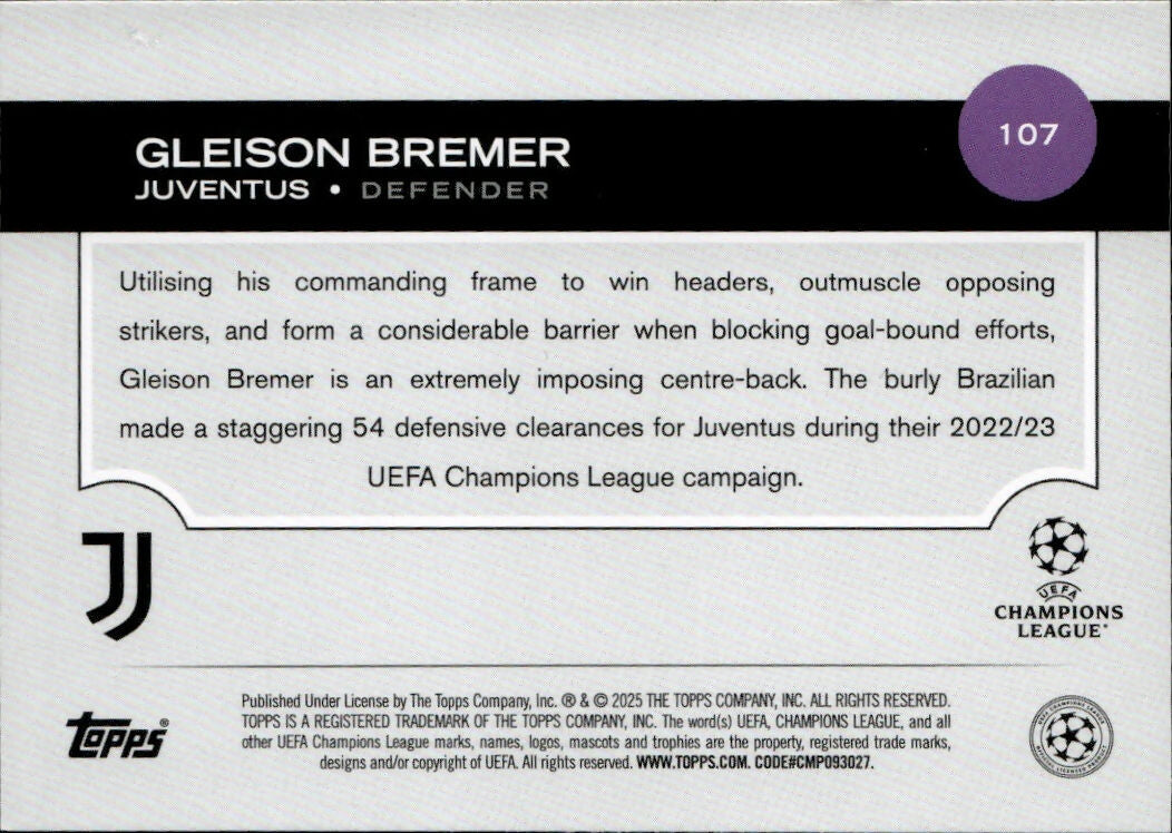 2024-25 Topps UEFA Club Competitions - Base #107 Gleison Bremer - Juventus - B