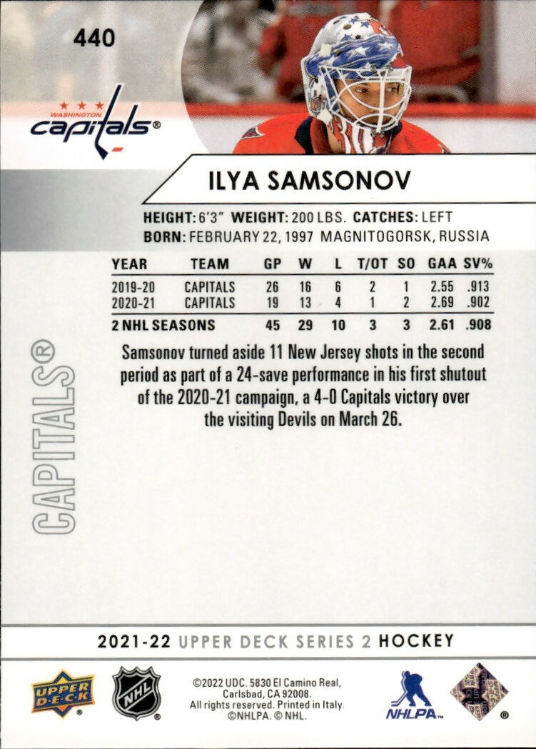 2021-22 Upper Deck Series 2 Hockey - Base #440 Ilya Samsonov - Washington Capitals - B