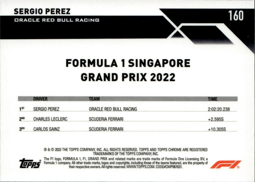 2023 Topps Chrome Formula 1 Base #160 - Grand Prix Winners Sergio Perez - Oracle Red Bull Racing - B