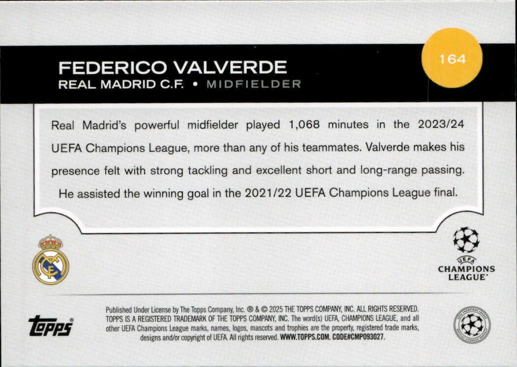 2024-25 Topps UEFA Club Competitions - Base #164 Federico Valverde - Real Madrid C.F. - B