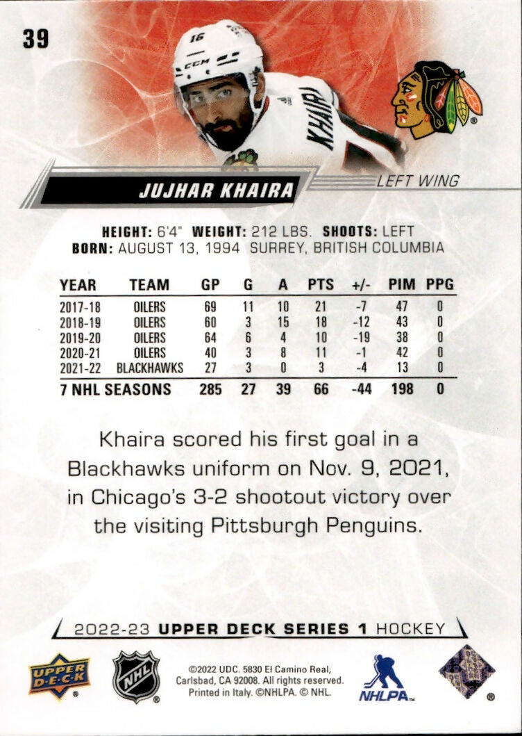 2022-23 Upper Deck Series 1 Hockey - Base #39 Jujhar Khaira - Chicago Blackhawks - B