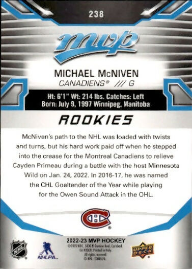 2022-23 Upper Deck MVP Hockey - Base - Rookies #238 Michael McNiven - Montreal Canadiens