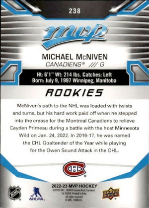 2022-23 Upper Deck MVP Hockey - Base - Rookies #238 Michael McNiven - Montreal Canadiens