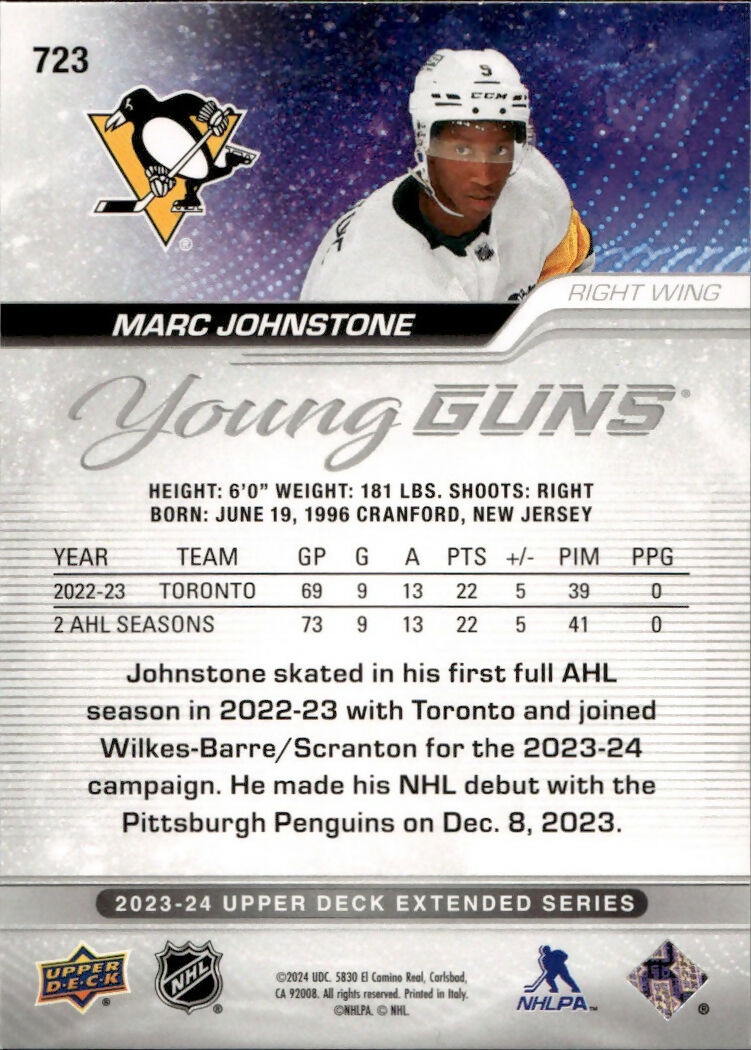 2023-24 Upper Deck Extended Series Hockey - Base - Young Guns #723 Marc Johnstone - Pittsburgh Penguins - B