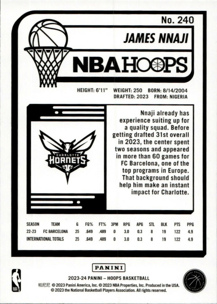 2023-24 Panini Hoops Basketball - Base #240 James Nnaji - Charlotte Hornets - B