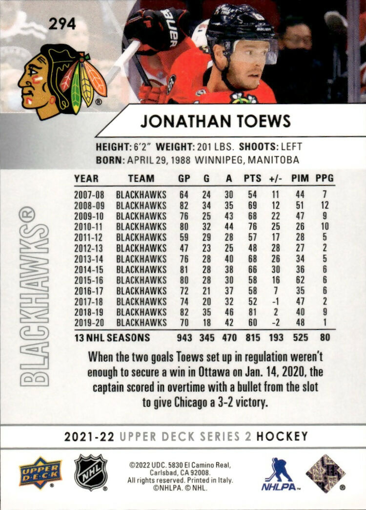 2021-22 Upper Deck Series 2 Hockey - Base #294 Jonathan Toews - Chicago Blackhawks - B
