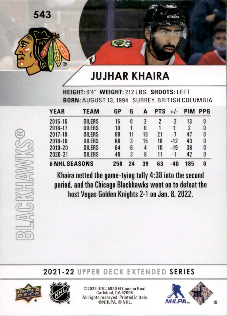 2021-22 Upper Deck Extended Series Hockey - Base #543 Jujhar Khaira - Chicago Blackhawks - B