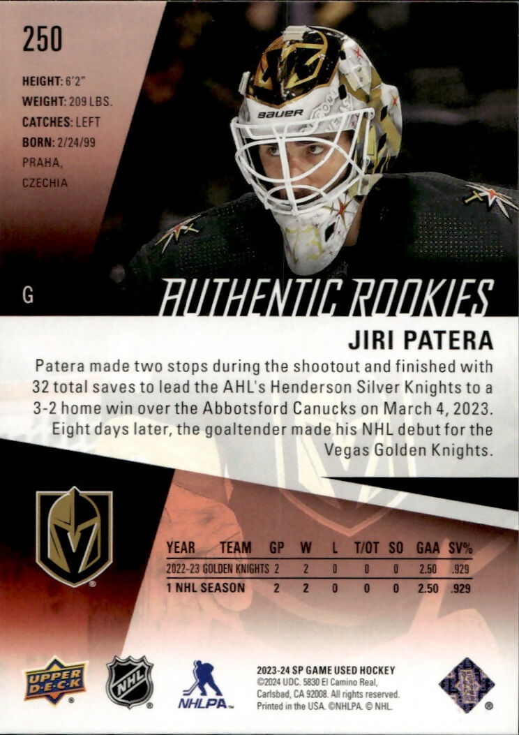 2023-24 Upper Deck SP Game Used Hockey - Base - Red - Authentic Rookies :224 #250 Jiri Patera - Vegas Golden Knights - B