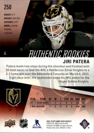2023-24 Upper Deck SP Game Used Hockey - Base - Red - Authentic Rookies :224 #250 Jiri Patera - Vegas Golden Knights - B