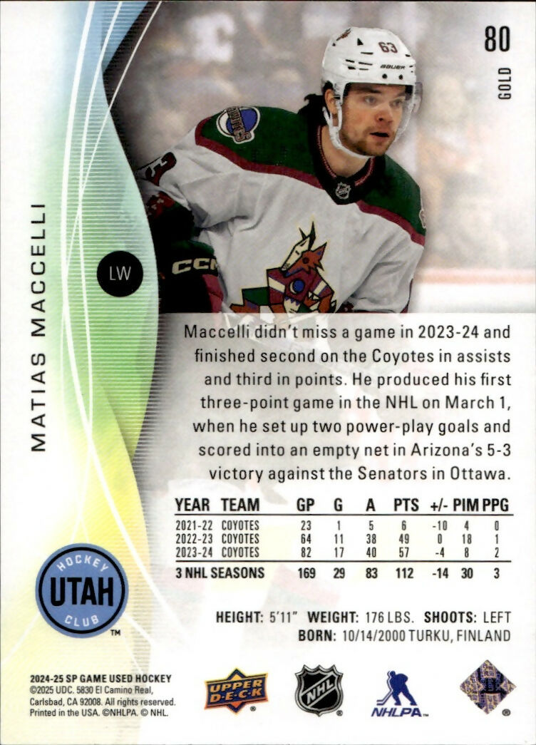 2024-25 Upper Deck SP Game Used Hockey - Base - Gold #80 Matias Maccelli - Arizona Coyotes - B