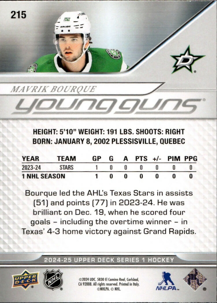 2024-25 Upper Deck Series 1 Hockey - Base - Young Guns #215 Mavrik Bourque - Dallas Stars - B