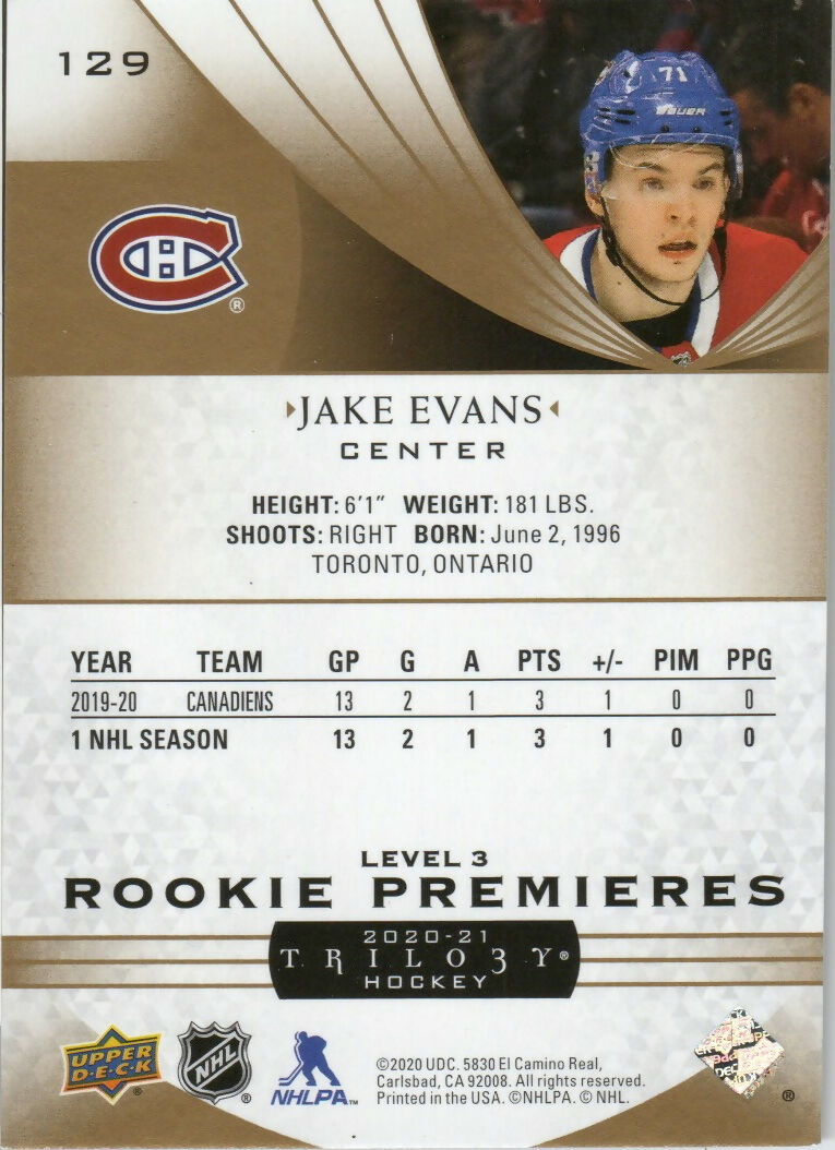 2020-21 Upper Deck Trilogy Hockey - Rookie Premiers - Level 3 /299 #129 Jake Evans - Montreal Canadiens