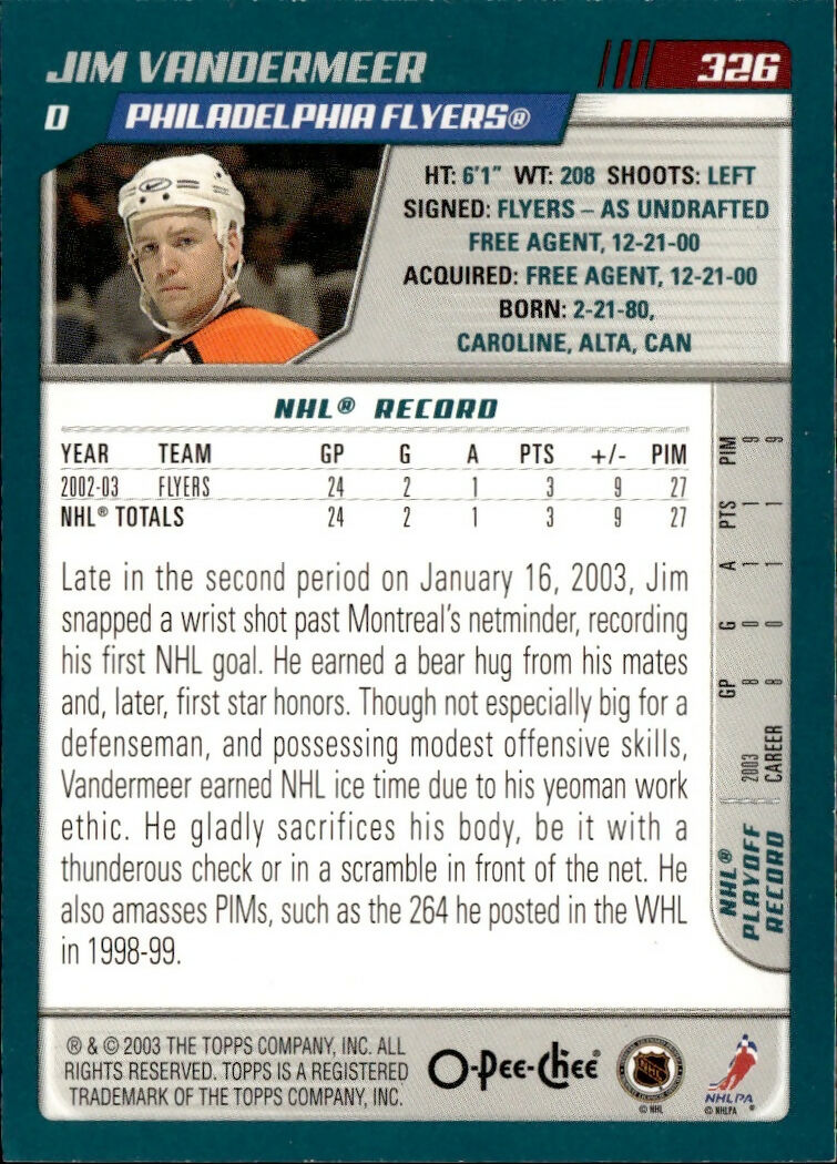 2003-04 O-Pee-Chee - Base #326 Jim Vandermeer - Philadelphia Flyers - B
