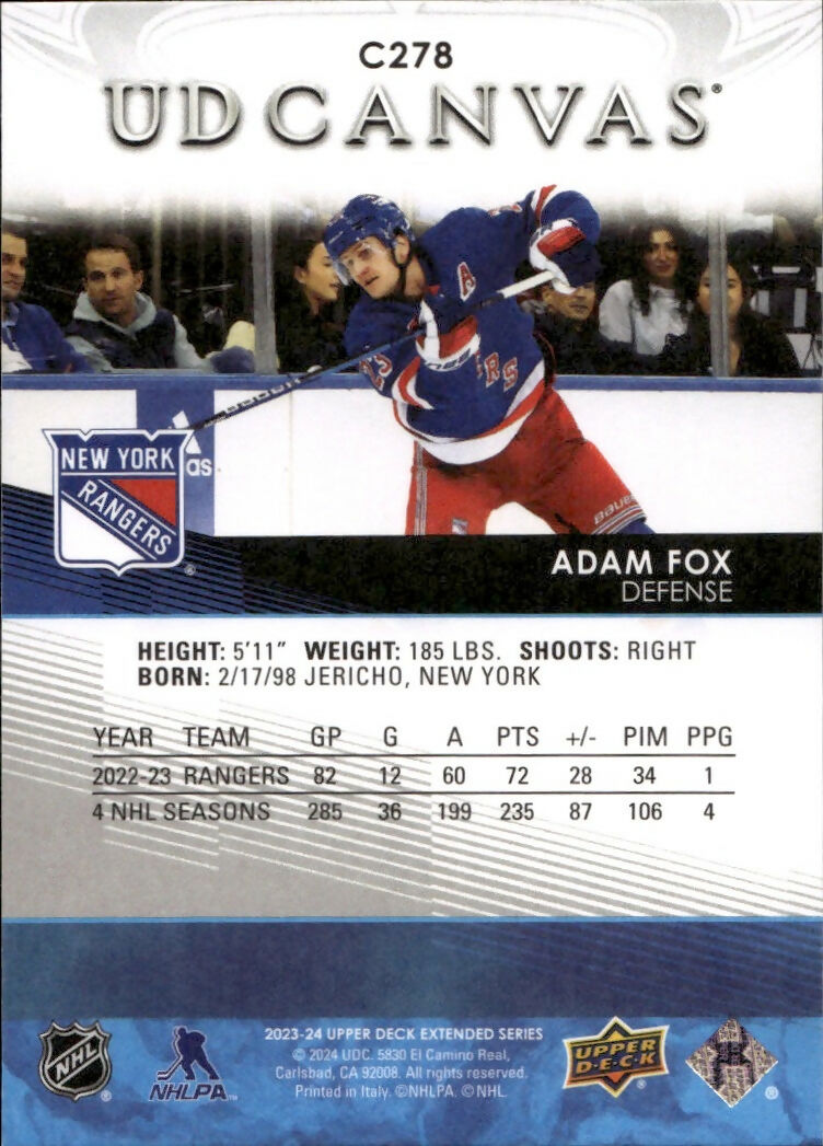 2023-24 Upper Deck Extended Series Hockey - UD Canvas - #C278 Adam Fox - New York Rangers - B