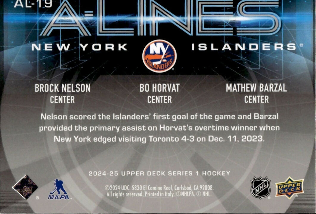 2024-25 Upper Deck Series 1 Hockey - A Lines #AL-19 Brock Nelson:Bo Horvat:Mathew Barzal - B