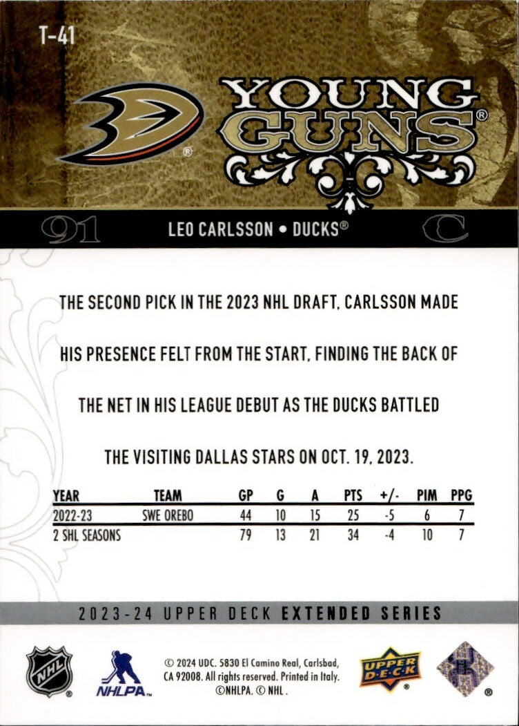 2024-25 Upper Deck Extended Series Hockey - Young Guns Renewed #T-41 Leo Carlsson - Anaheim Ducks - B