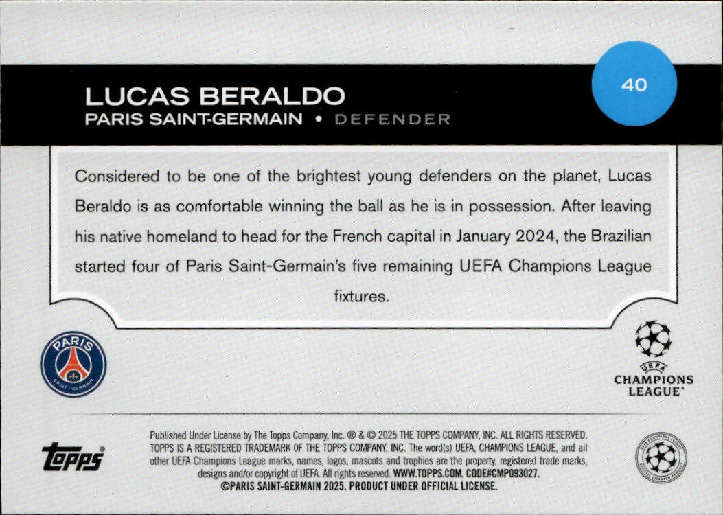 2024-25 Topps UEFA Club Competitions - Base #40 Lucas Beraldo - Paris Saint-Germain - B
