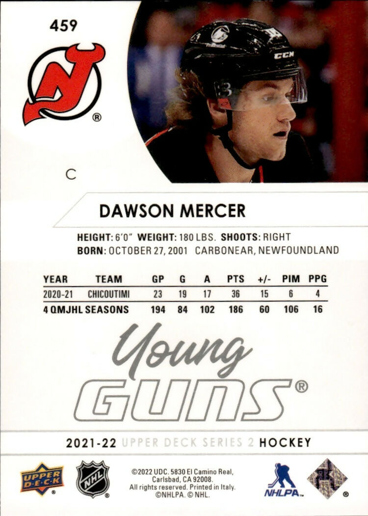 2021-22 Upper Deck Series 2 Hockey - Young Guns #459 Dawson Mercer - New Jersey Devils - B