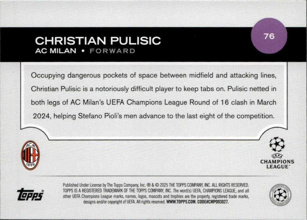 2024-25 Topps UEFA Club Competitions - Base #76 Christian Pulisic - AC Milan - B