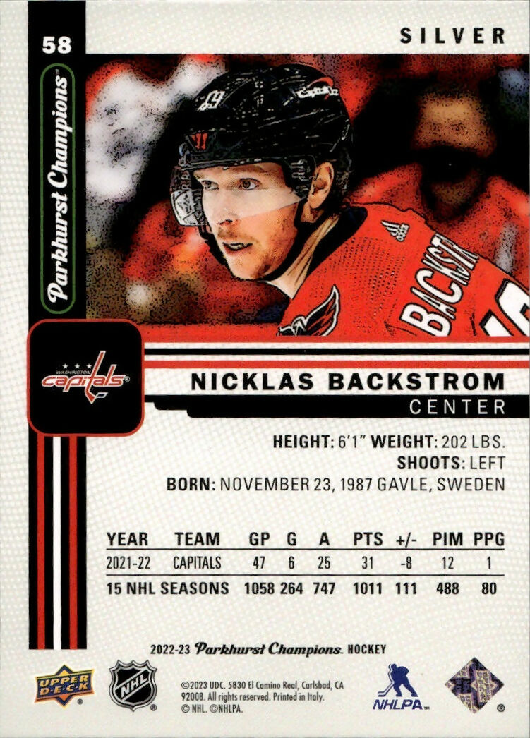 2022-23 Upper Deck Parkhurst Champions - Base - Silver #58 Nicklas Backstrom - Washington Capitals - B