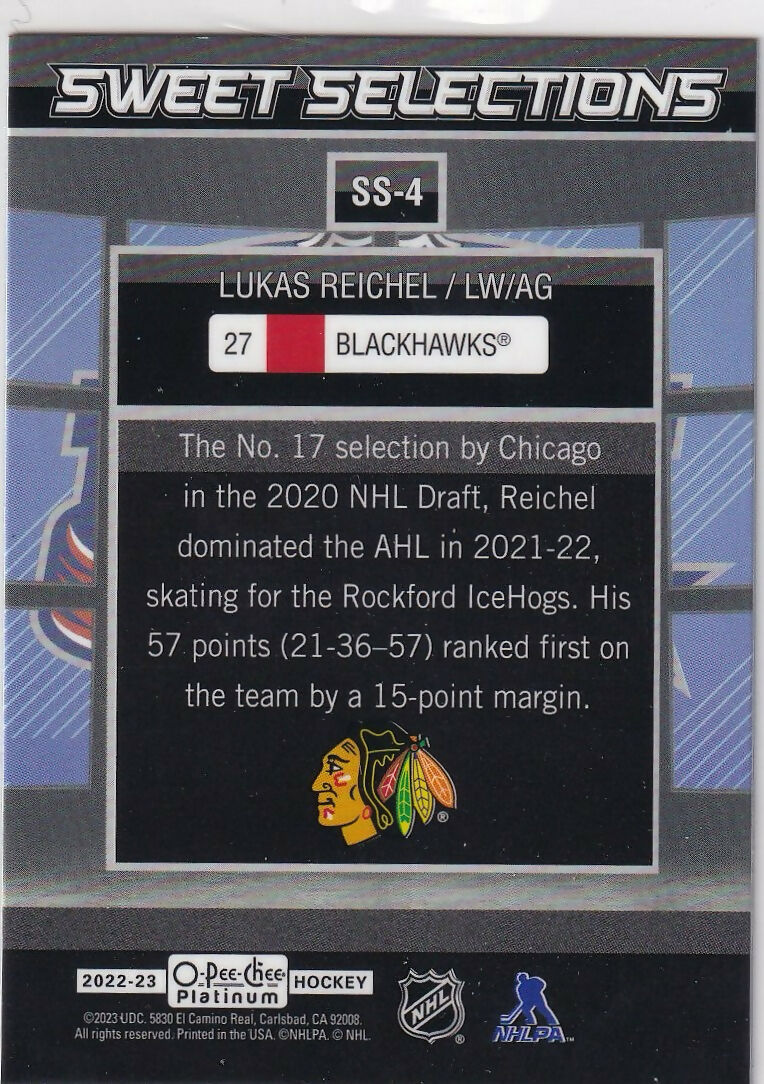 2022-23 Upper Deck O-Pee-Chee Platinum Hockey - Sweet Selections #SS-4 Lukas Reichel - Chicago Blackhawks - B