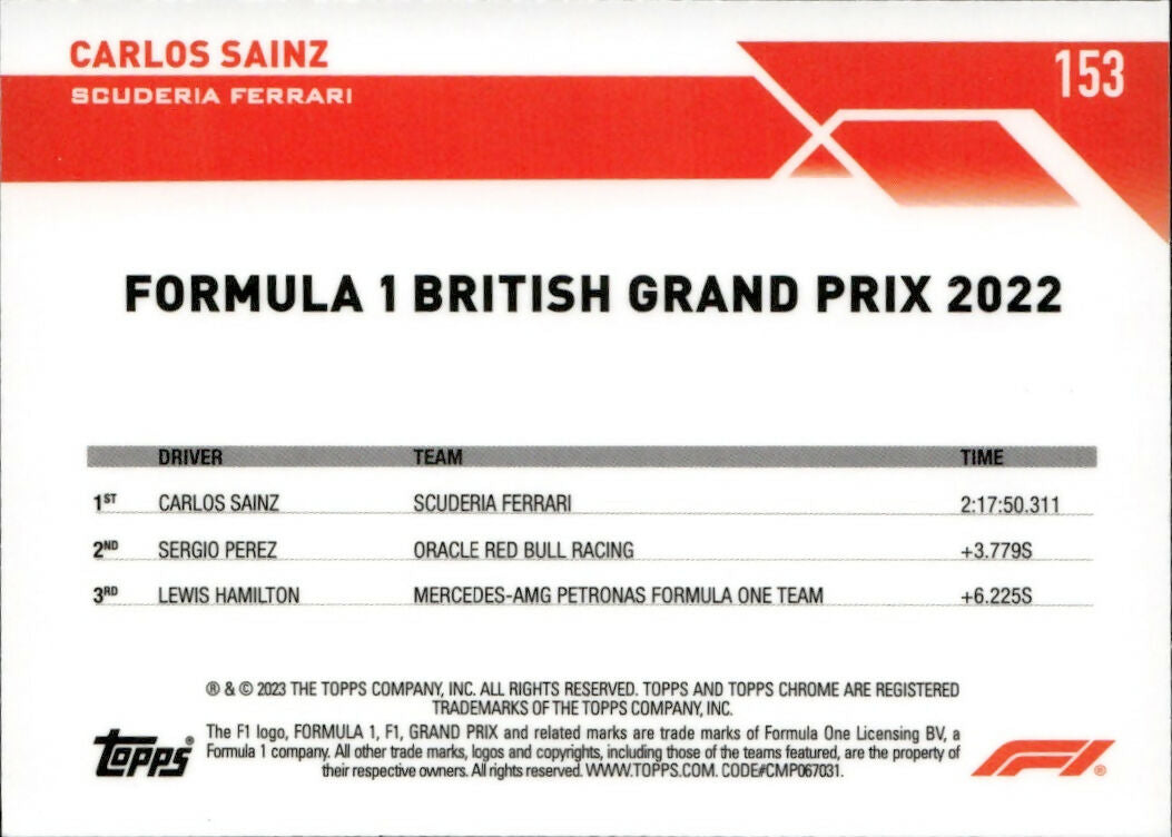 2023 Topps Chrome Formula 1 Base #153 - Grand Prix Winners Carlos Sainz - Scuderia Ferrari - B