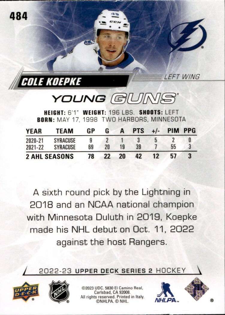 2022-23 Upper Deck Series 2 Hockey - Base - Young Guns #484 Cole Koepke - Tampa Bay Lightning - B