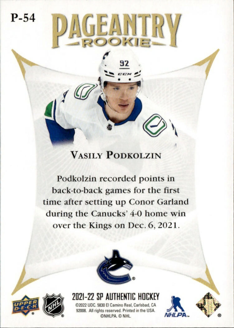 2021-22 Upper Deck SP Authentic Hockey - Pageantry #P-54 Vasily Podkolzin - Vancouver Canucks - B