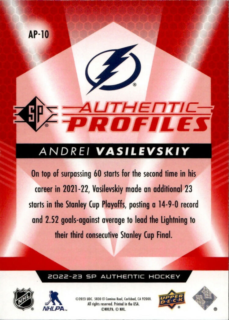 2022-23 Upper Deck SP Authentic Hockey - Authentic Profiles :149 #AP-10 Andrei Vasilevskiy - Tampa Bay Lightning - B