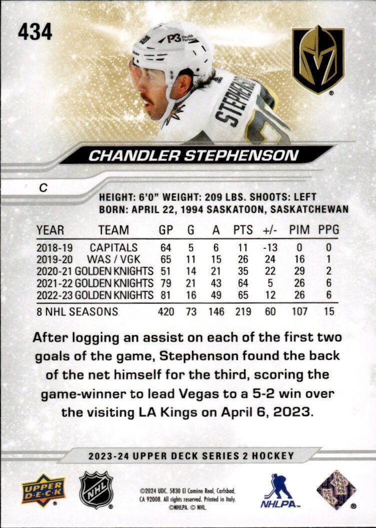 2023-24 Upper Deck Series 2 Hockey - Base #434 Chandler Stephenson - Vegas Golden Knights