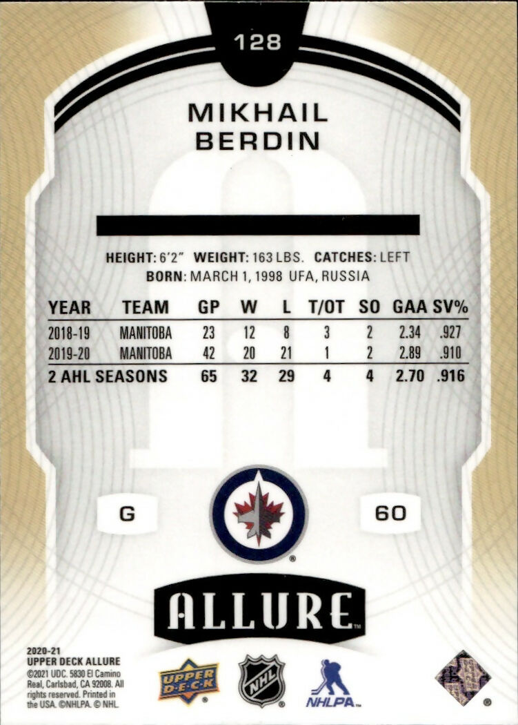 2020-21 Upper Deck Allure Hockey - Base Rookie SP #128 Mikhail Berdin - Winnipeg Jets - B