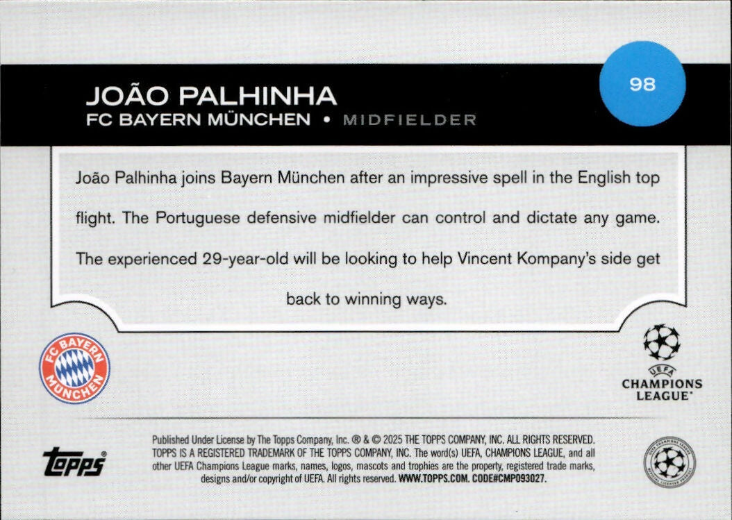 2024-25 Topps UEFA Club Competitions - Base #98 Joao Palhinha - FC Bayern Muchen - B
