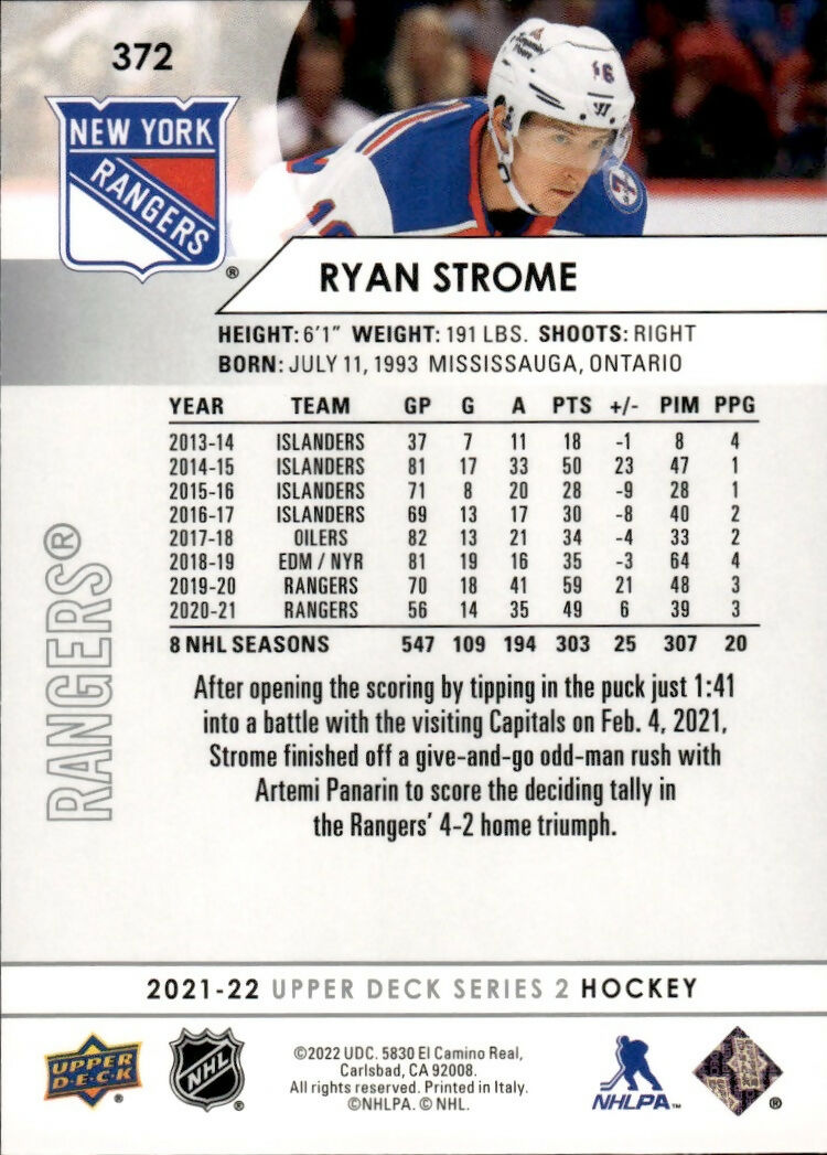 2021-22 Upper Deck Series 2 Hockey - Base #372 Ryan Strome - New York Rangers - B