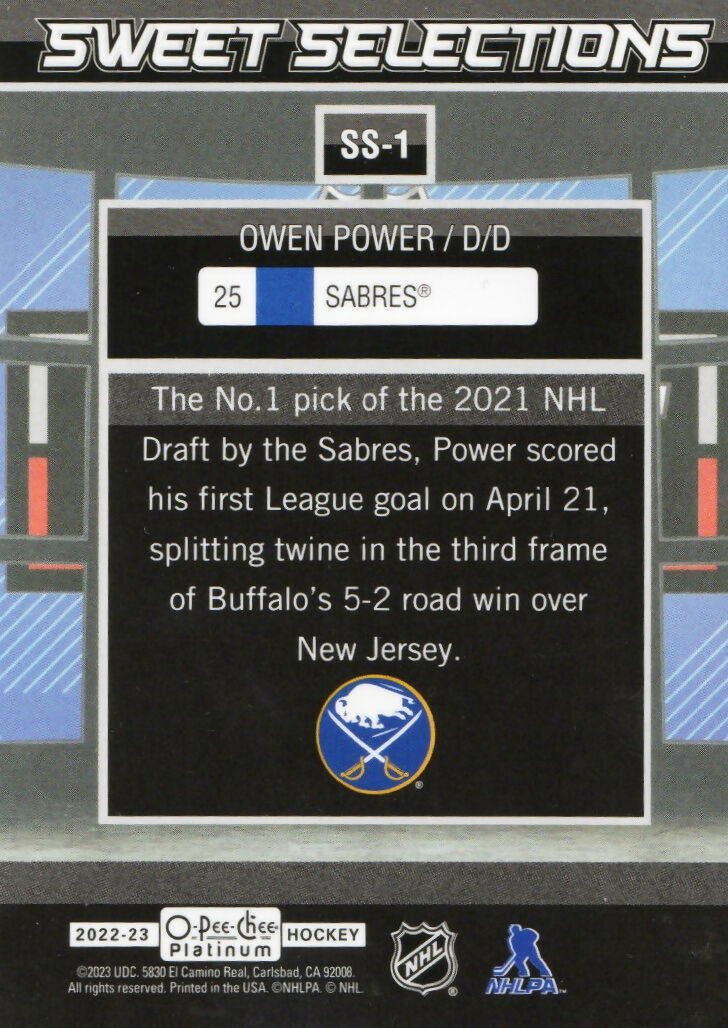 2022-23 Upper Deck O-Pee-Chee Platinum Hockey - Sweet Selection #SS-1 Owen Power - Buffalo Sabres - B