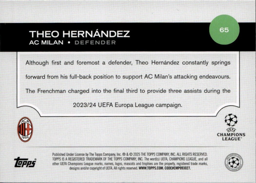 2024-25 Topps UEFA Club Competitions - Base #65 Theo Hernandez - AC Milan - B