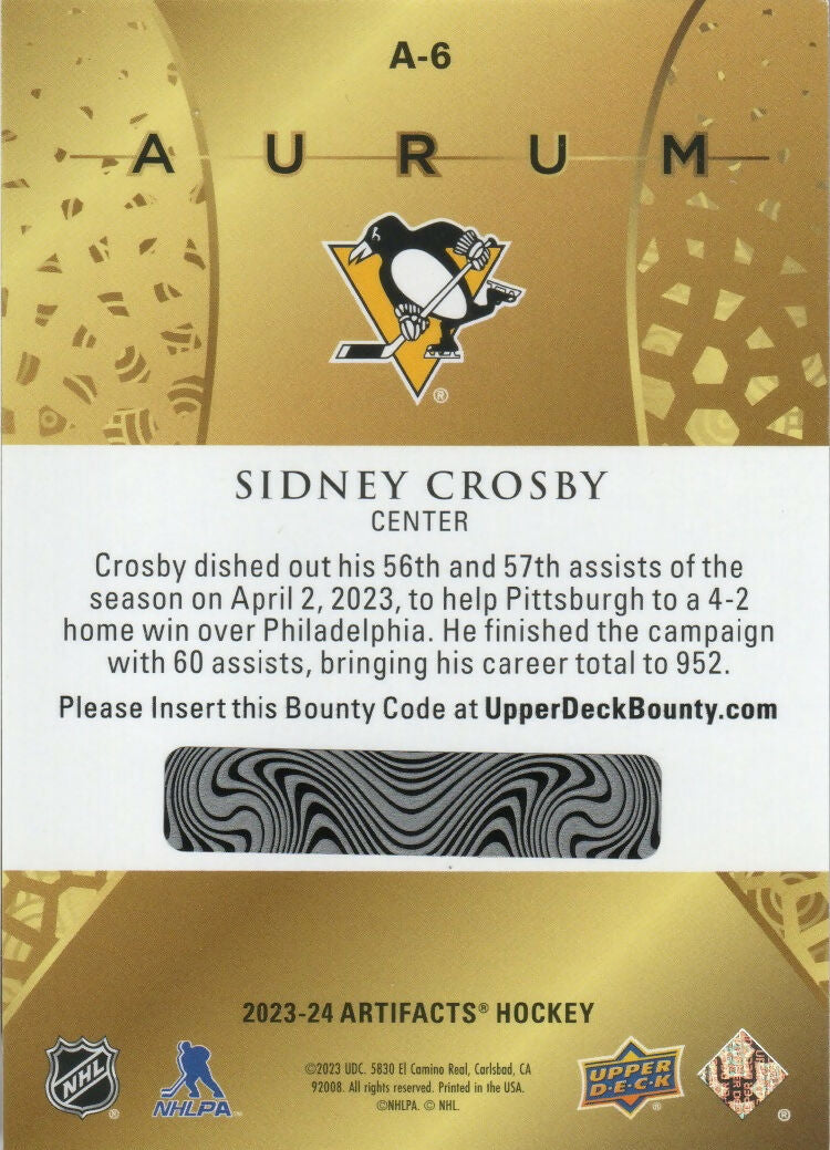 2023-24 Upper Deck Artifacts Hockey - Aurum #A-6 Sidney Crosby - Pittsburgh Penguins