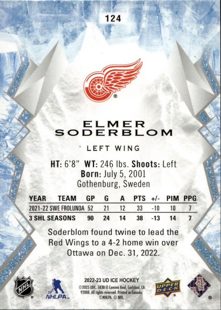 2022-23 Upper Deck Ice Hockey - Base - Rookie #124 Elmer Soderblom - Detroit Red Wings - B