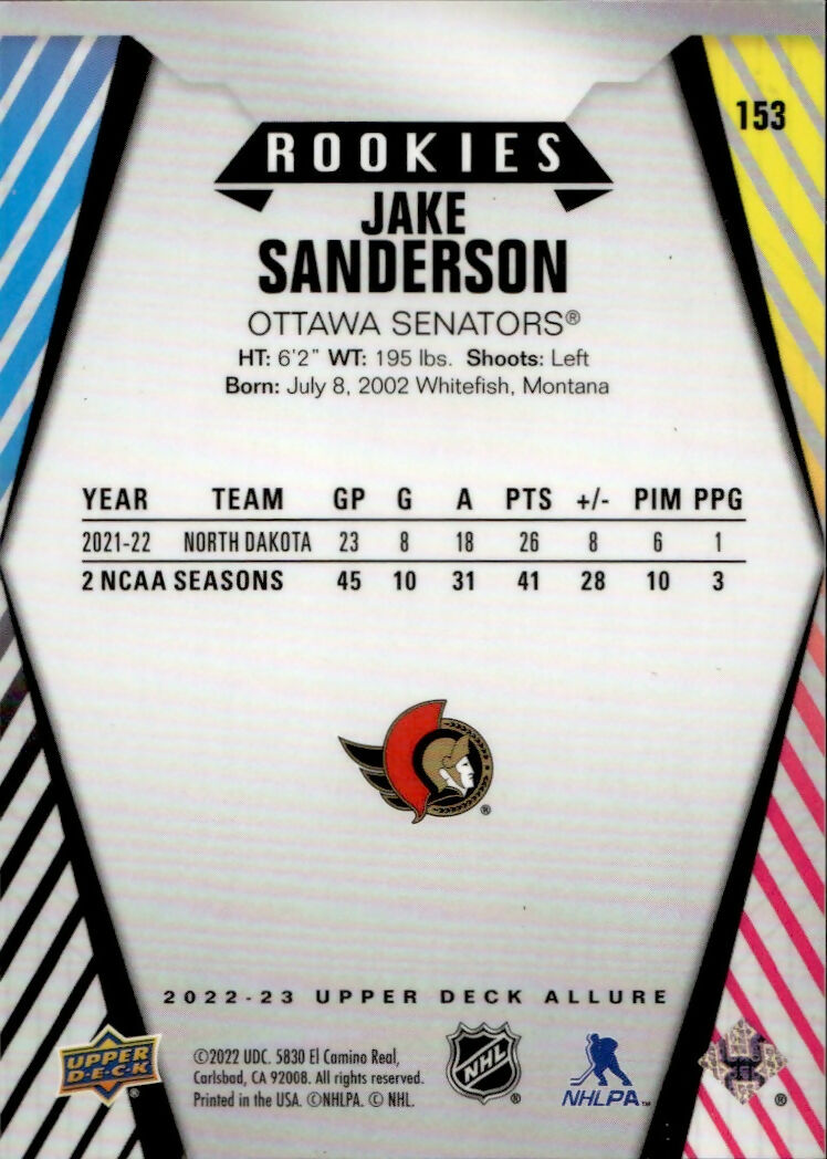 2022-23 Upper Deck Allure Hockey - Base -Rookie #153 Jake Sanderson - Ottawa Senators - B