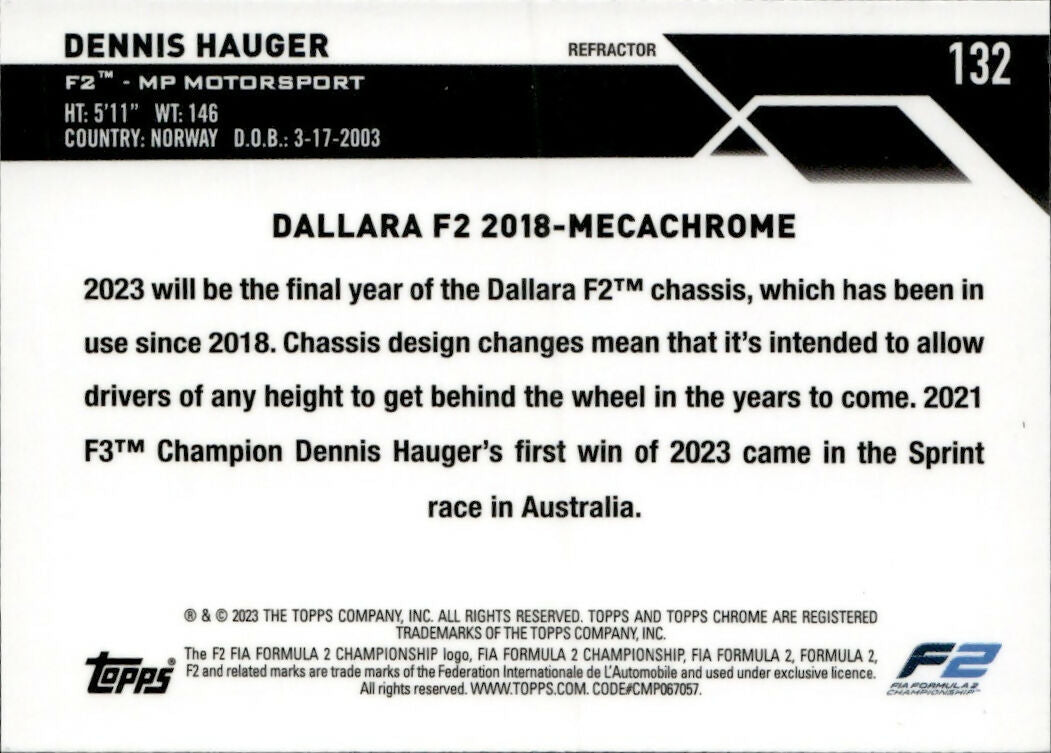 2023 Topps Chrome Formula 1 Base #132 - F2 Cars - Refractor Dennis Hauger - F2 MP Motorsport - B