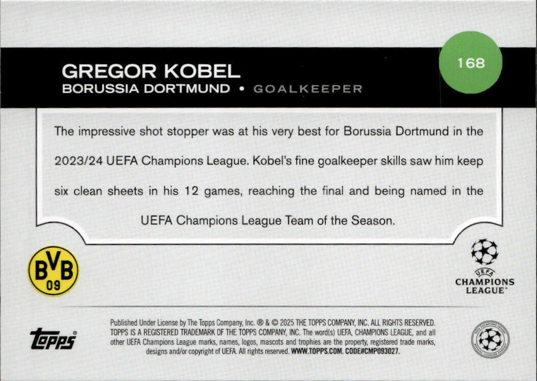 2024-25 Topps UEFA Club Competitions - Base #168 Gregor Kobel - Borussia Dortmund - B