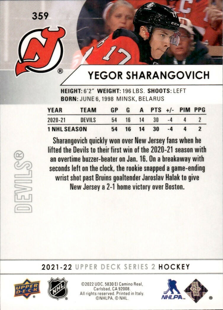 2021-22 Upper Deck Series 2 Hockey - Base #359 Yegor Sharangovich - New Jersey Devils - B