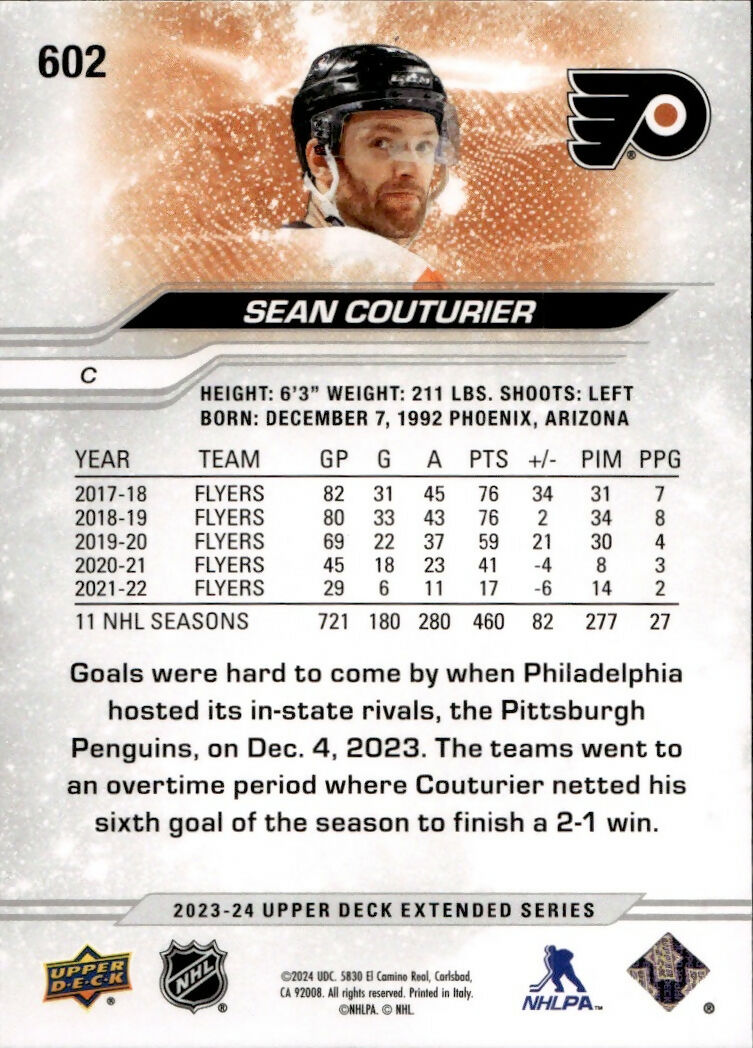 2023-24 Upper Deck Extended Series Hockey - Base #602 Sean Couturier - Philadelphia Flyers - B